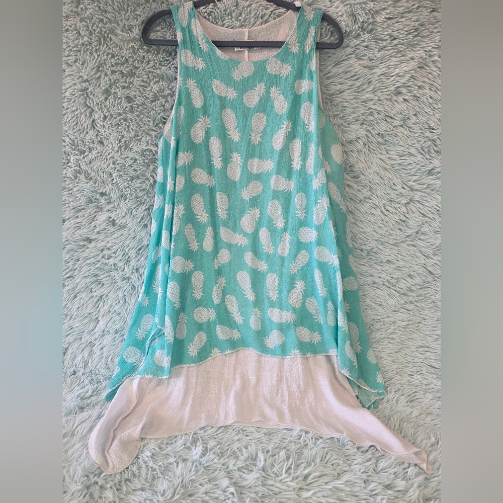 India Boutique Tropical Pineapple Tunic Teal Sharkbite Hem Sleeveless Boho OSFM